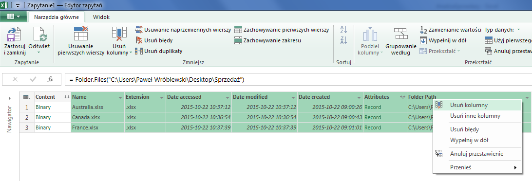 Usuwanie kolumn z zapytania Power Query